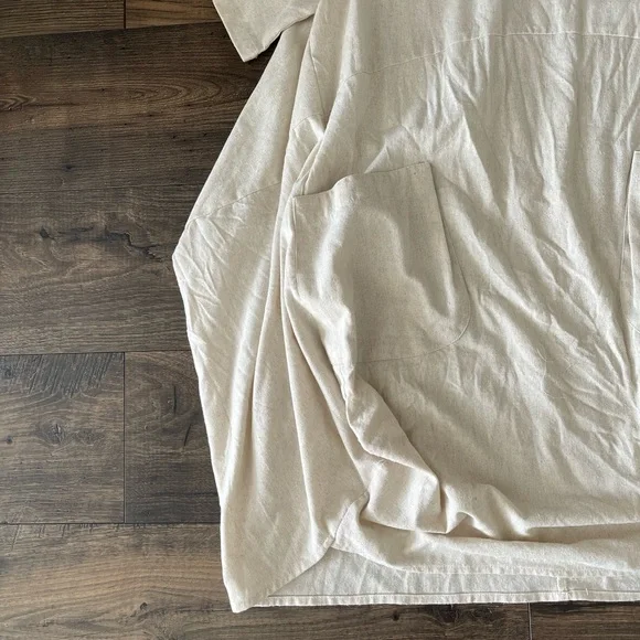 Ivory Cream Linen Pocket Short Sleeve Roll Up Button Dress Casual Comfy One Size - Picture 6 of 10